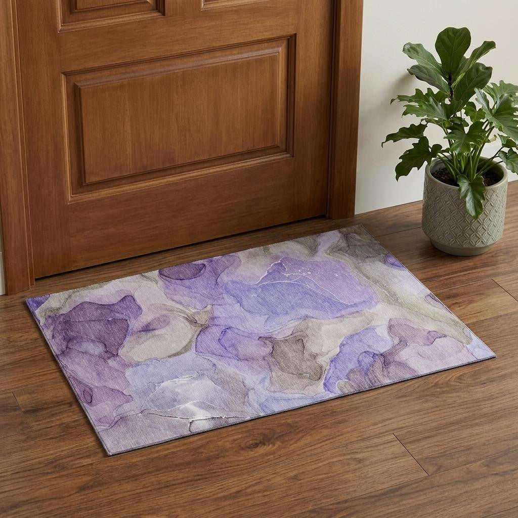 3 X 5 Purple And Gray Abstract Washable Area Rug With UV Protection