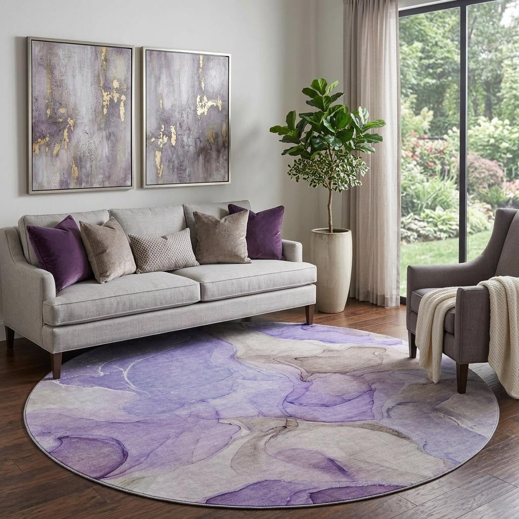 8 Purple And Gray Abstract Washable Round Rug With UV Protection