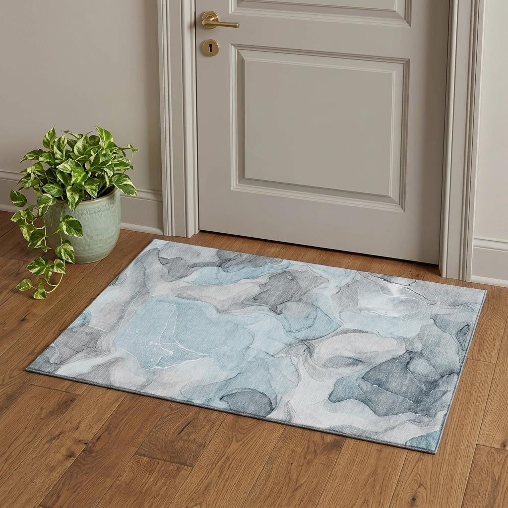 3 X 5 Teal And Gray Abstract Washable Area Rug With UV Protection
