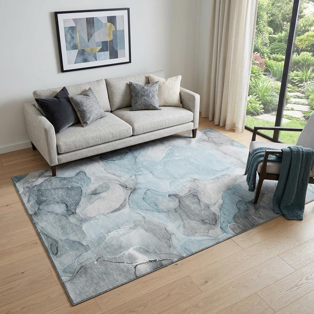 5 X 8 Teal And Gray Abstract Washable Area Rug With UV Protection