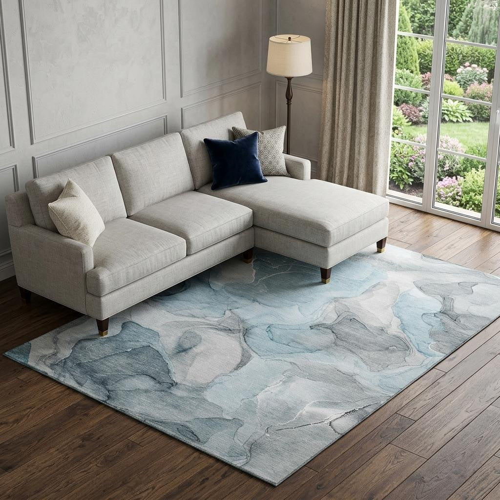 9 X 12 Teal And Gray Abstract Washable Area Rug With UV Protection