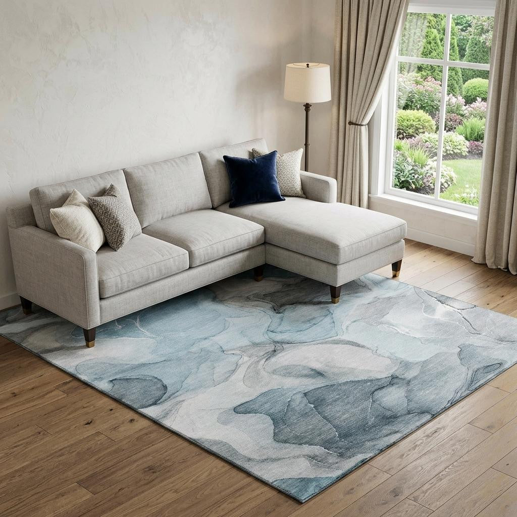 10 X 14 Teal And Gray Abstract Washable Area Rug With UV Protection