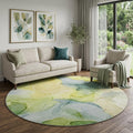 8 Yellow Blue And Beige Abstract Washable Round Rug With UV Protection