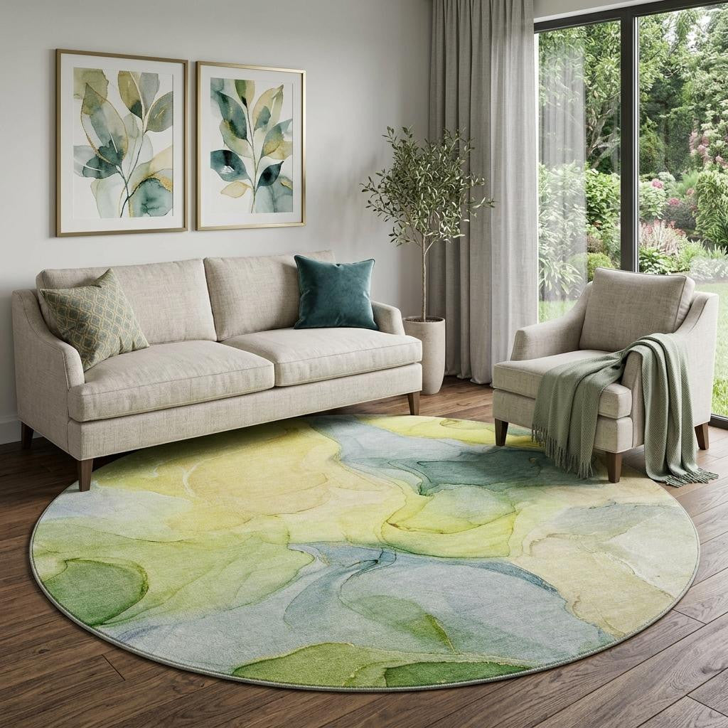 8 Yellow Blue And Beige Abstract Washable Round Rug With UV Protection