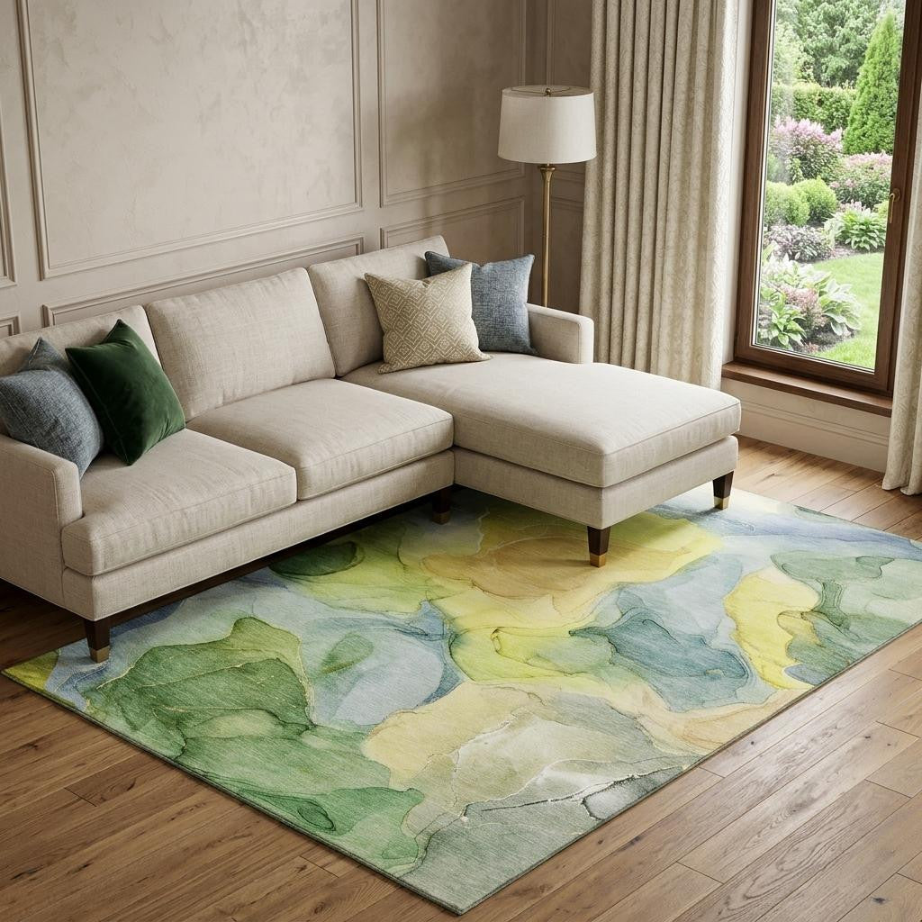 8 X 10 Yellow Blue And Beige Abstract Washable Area Rug With UV Protection