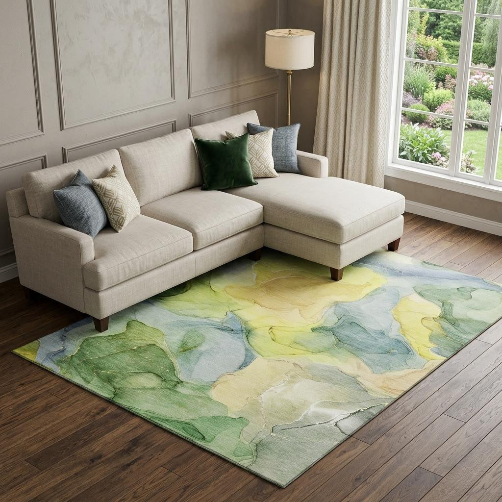 9 X 12 Yellow Blue And Beige Abstract Washable Area Rug With UV Protection