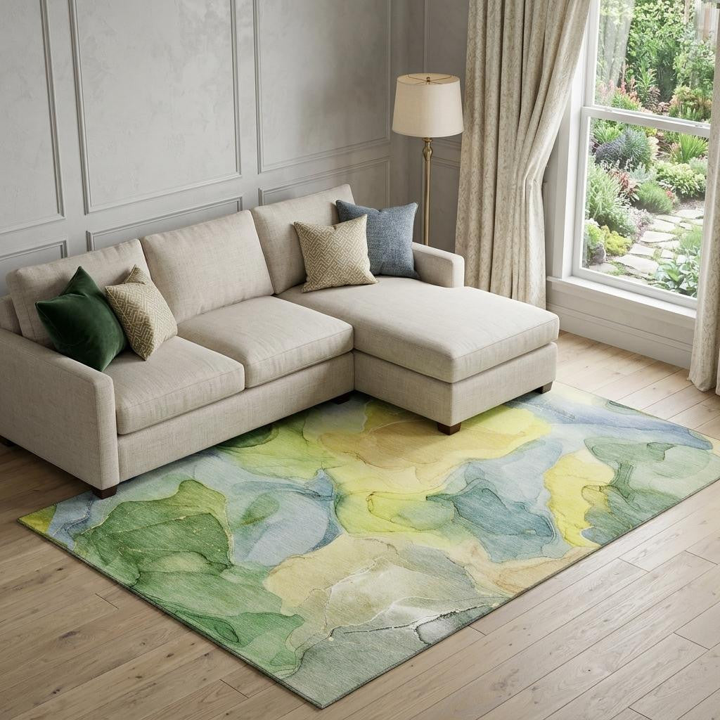 10 X 14 Yellow Blue And Beige Abstract Washable Area Rug With UV Protection
