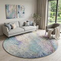 8 Blue Purple And Ivory Abstract Washable Round Rug With UV Protection