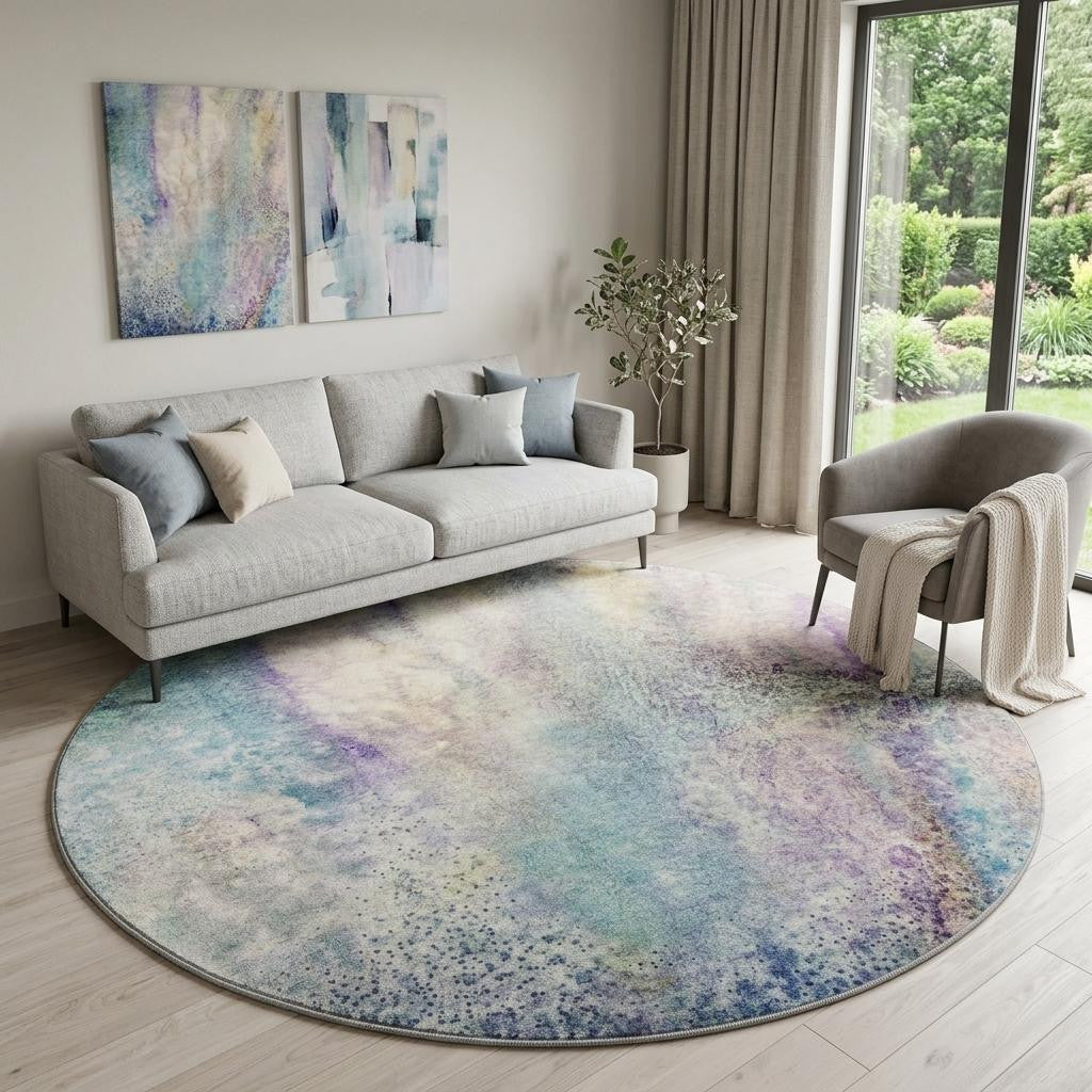 8 Blue Purple And Ivory Abstract Washable Round Rug With UV Protection
