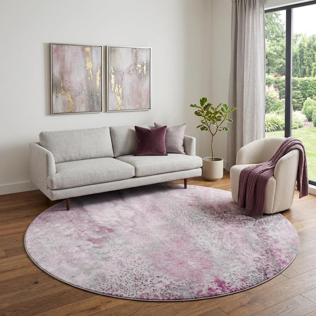 8 Pink And Ivory Abstract Washable Round Rug With UV Protection