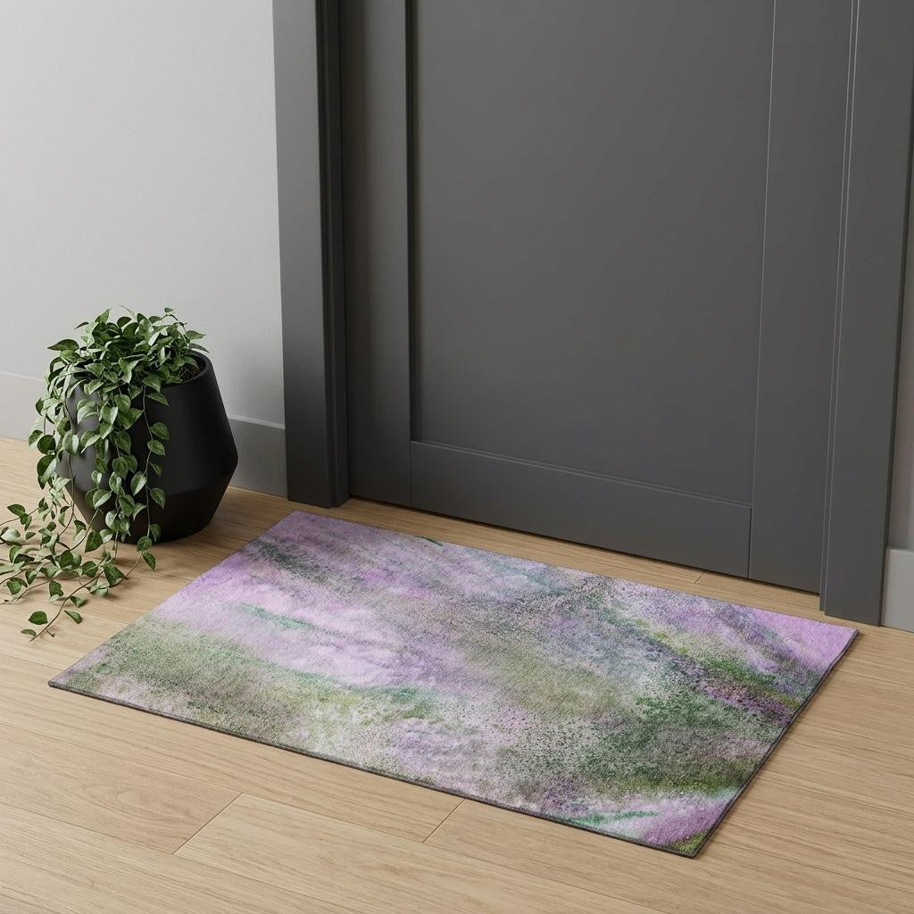 3 X 5 Purple And Green Abstract Washable Area Rug With UV Protection