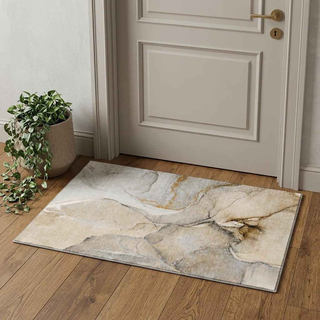 3 X 5 Beige Brown And Ivory Abstract Washable Area Rug With UV Protection