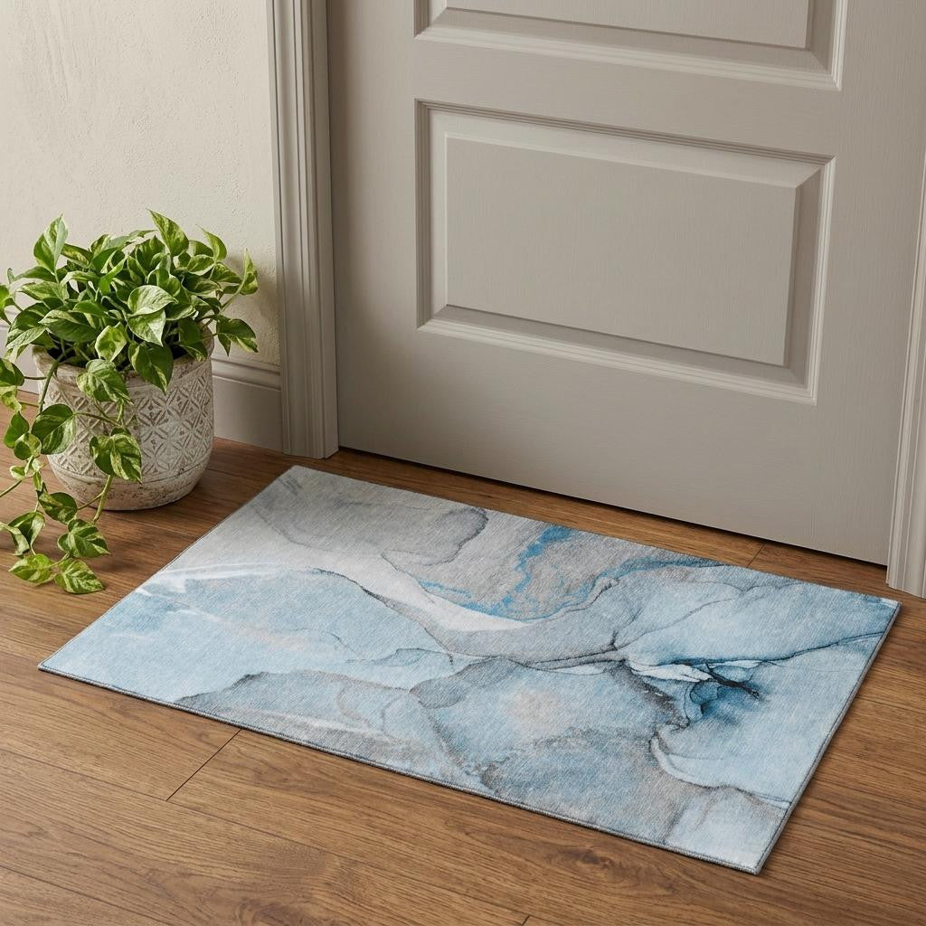 3 X 5 Blue Gray And Ivory Abstract Washable Area Rug With UV Protection