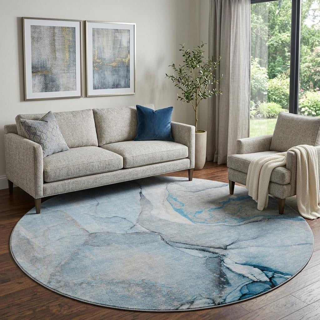 8 Blue Gray And Ivory Abstract Washable Round Rug With UV Protection