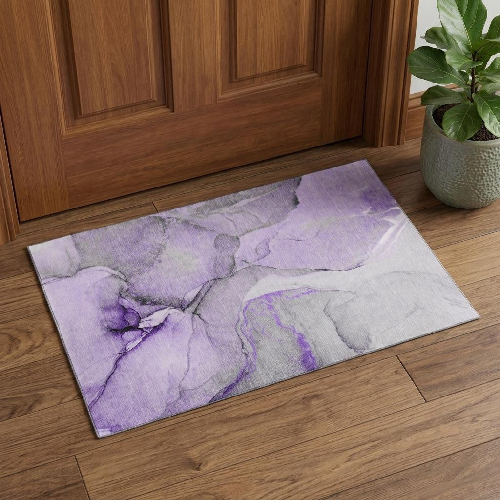 3 X 5 Purple Gray And Ivory Abstract Washable Area Rug With UV Protection