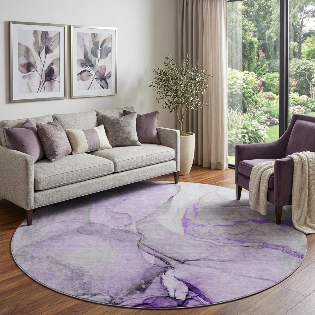 8 Purple Gray And Ivory Abstract Washable Round Rug With UV Protection