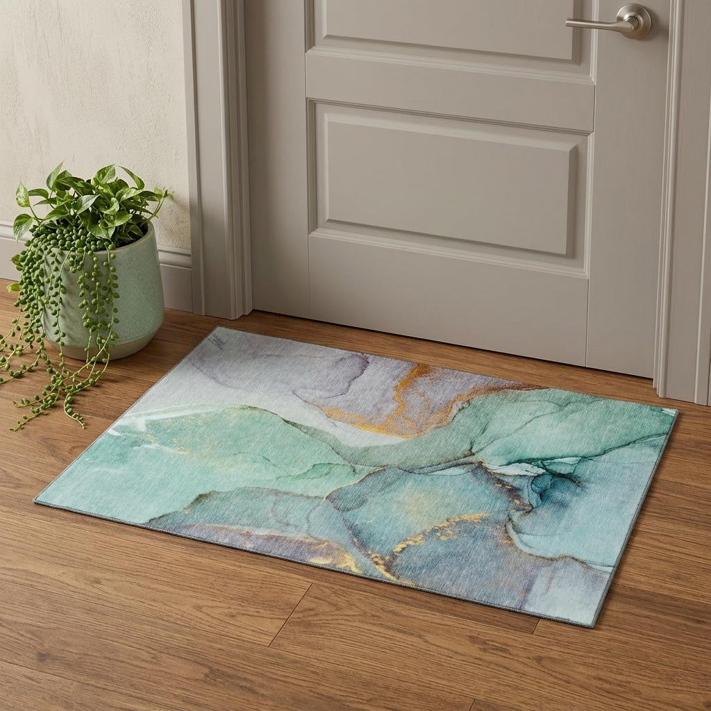 3 X 5 Teal Gold And Ivory Abstract Washable Area Rug With UV Protection