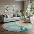 8 Teal Gold And Ivory Abstract Washable Round Rug With UV Protection