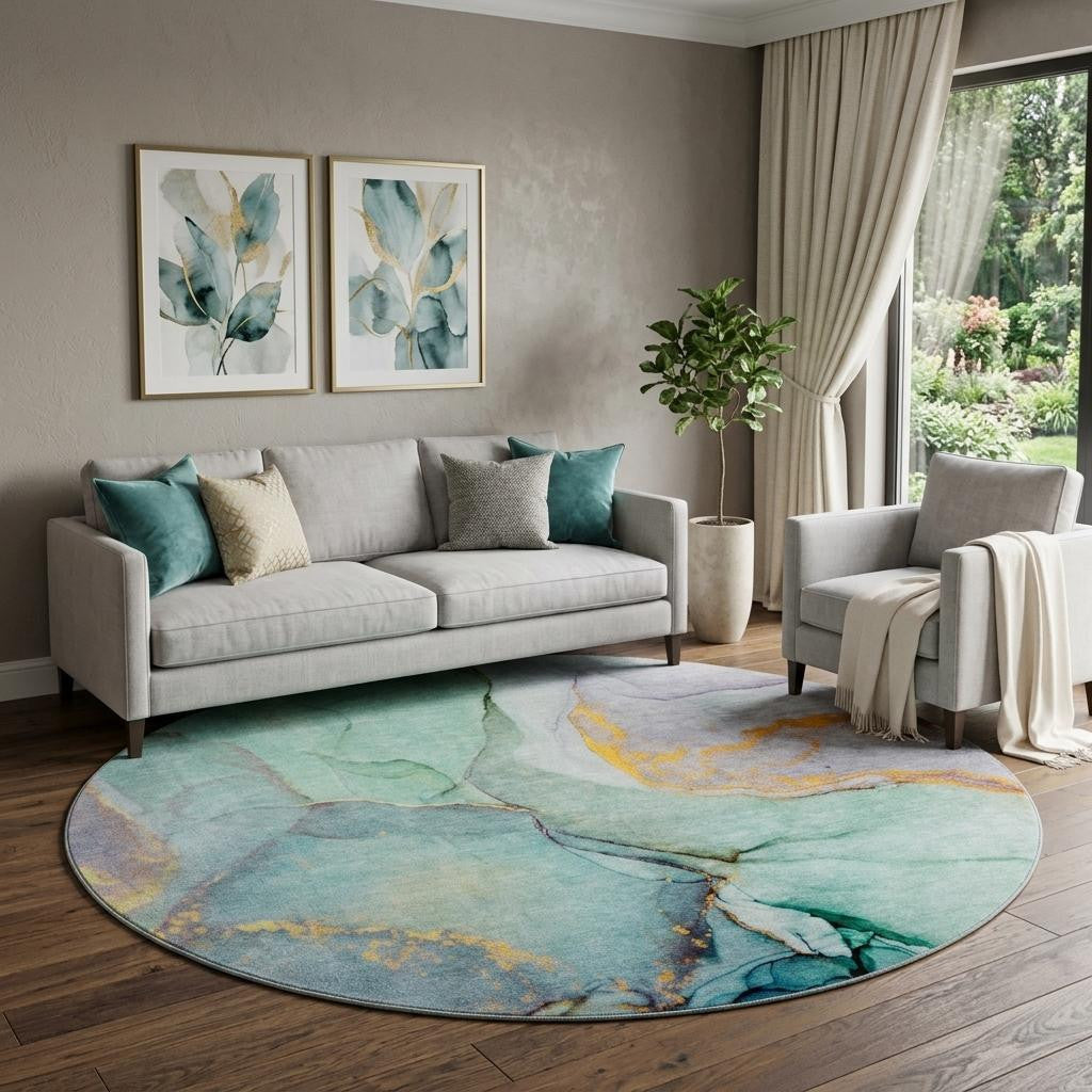 8 Teal Gold And Ivory Abstract Washable Round Rug With UV Protection