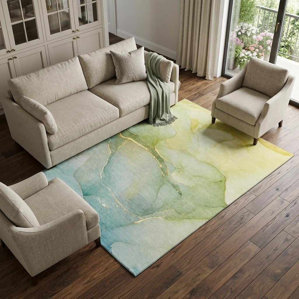 10 X 14 Green And Ivory Abstract Washable Area Rug With UV Protection