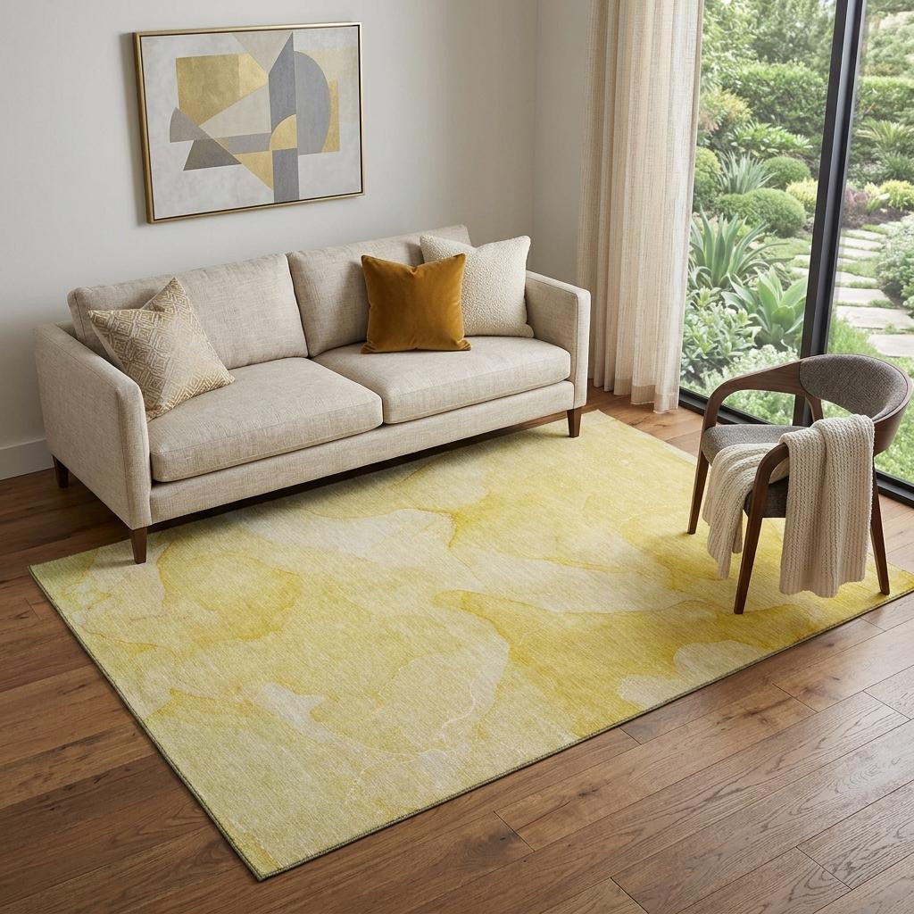 5 X 8 Gold And Ivory Abstract Washable Area Rug With UV Protection