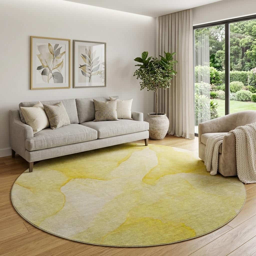 8 Gold And Ivory Abstract Washable Round Rug With UV Protection