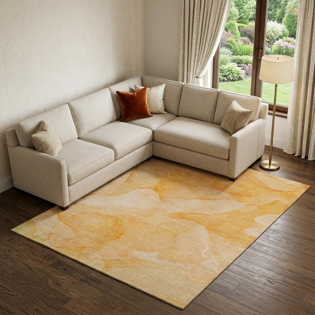 9 X 12 Orange And Ivory Abstract Washable Area Rug With UV Protection