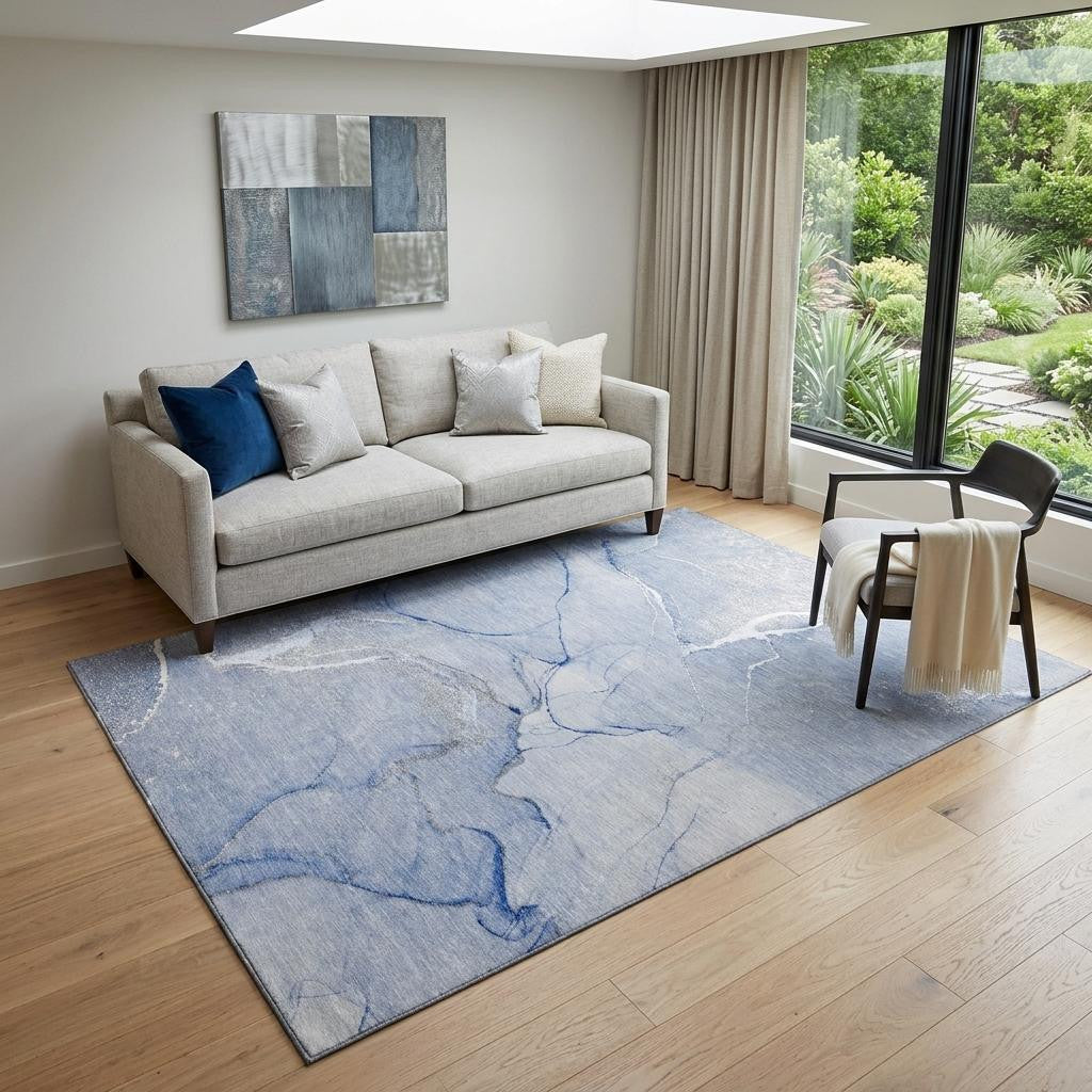 5 X 8 Blue And Ivory Abstract Washable Area Rug With UV Protection