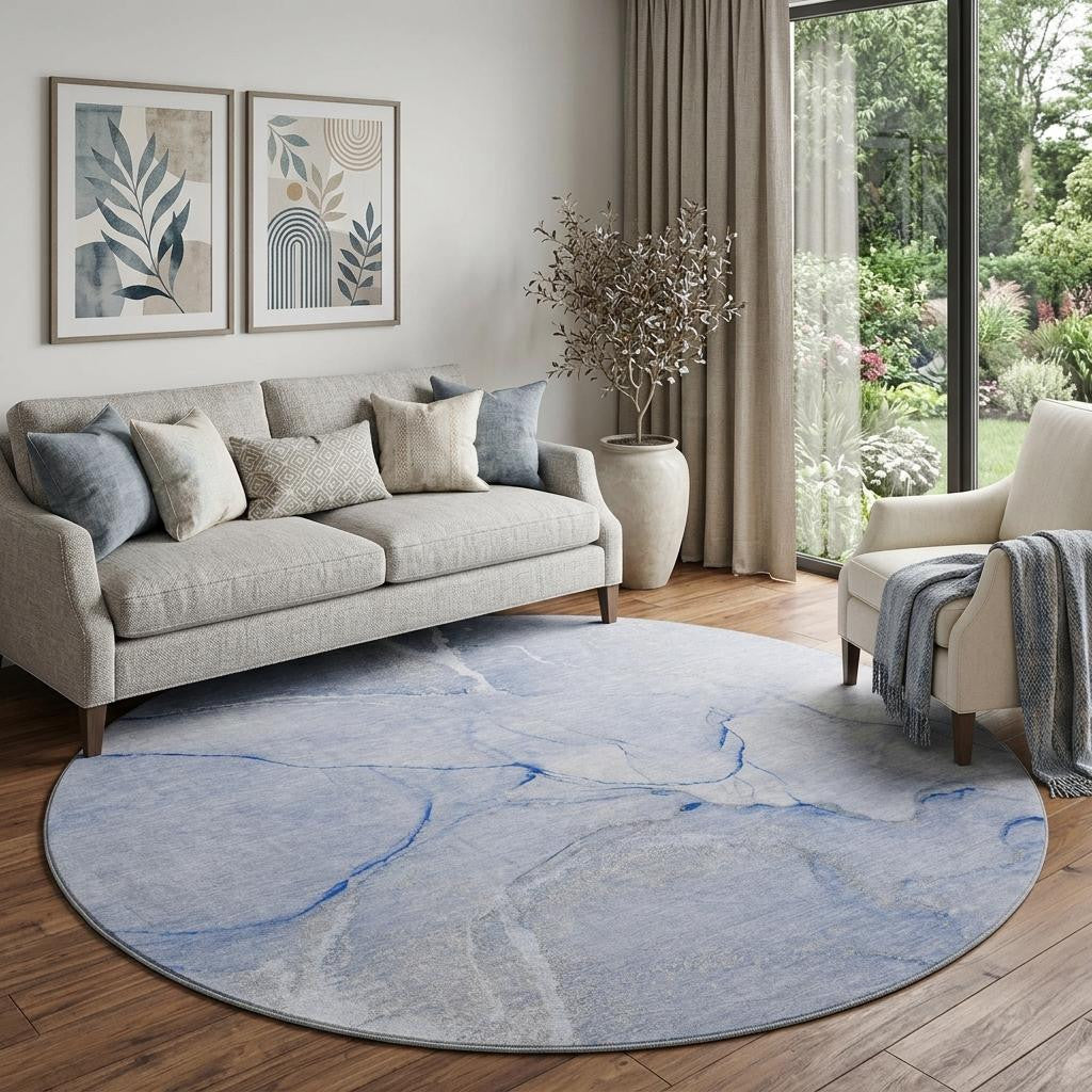 8 Blue And Ivory Abstract Washable Round Rug With UV Protection