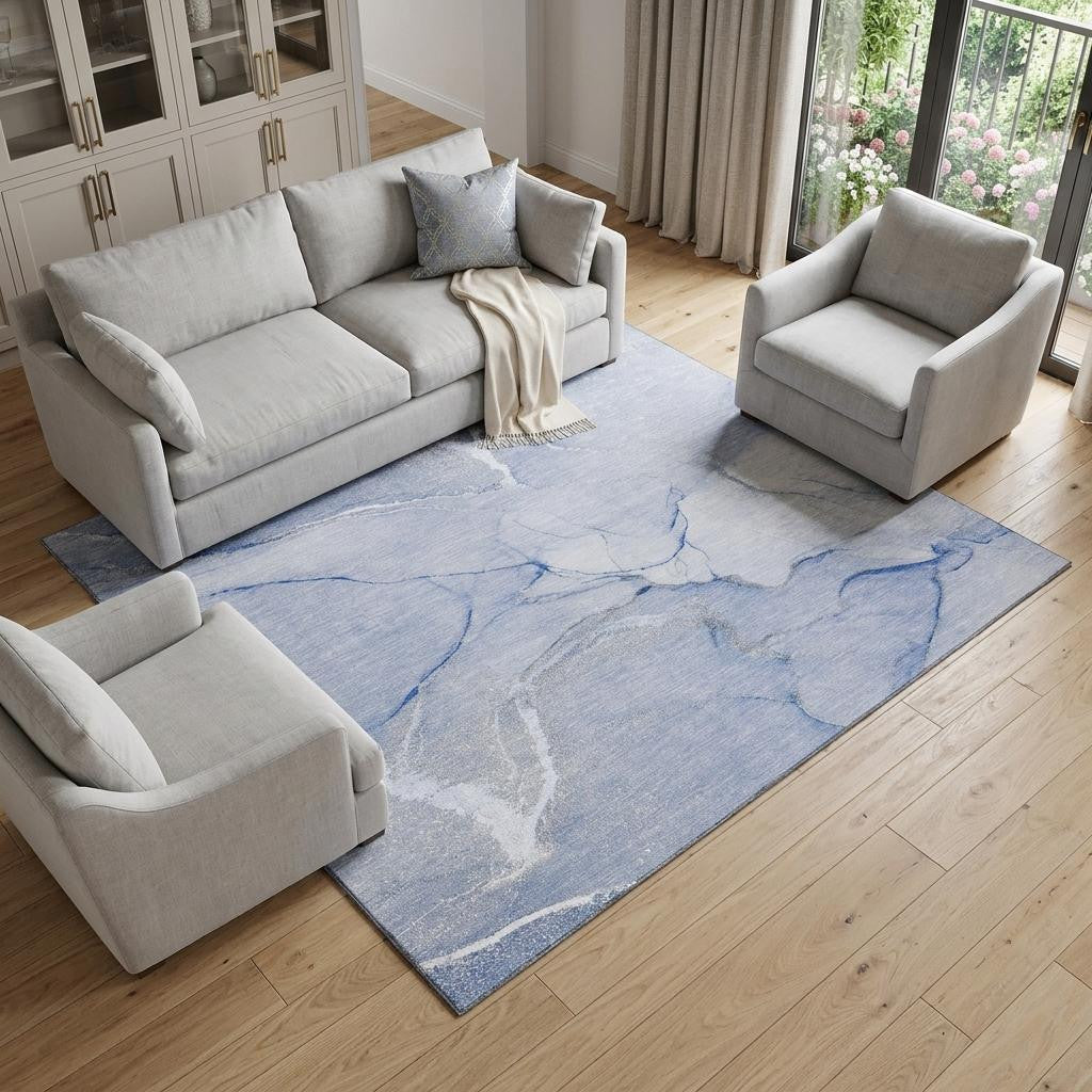 8 X 10 Blue And Ivory Abstract Washable Area Rug With UV Protection