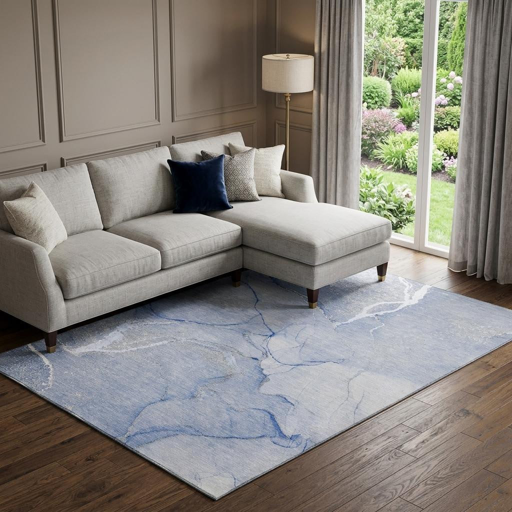 9 X 12 Blue And Ivory Abstract Washable Area Rug With UV Protection