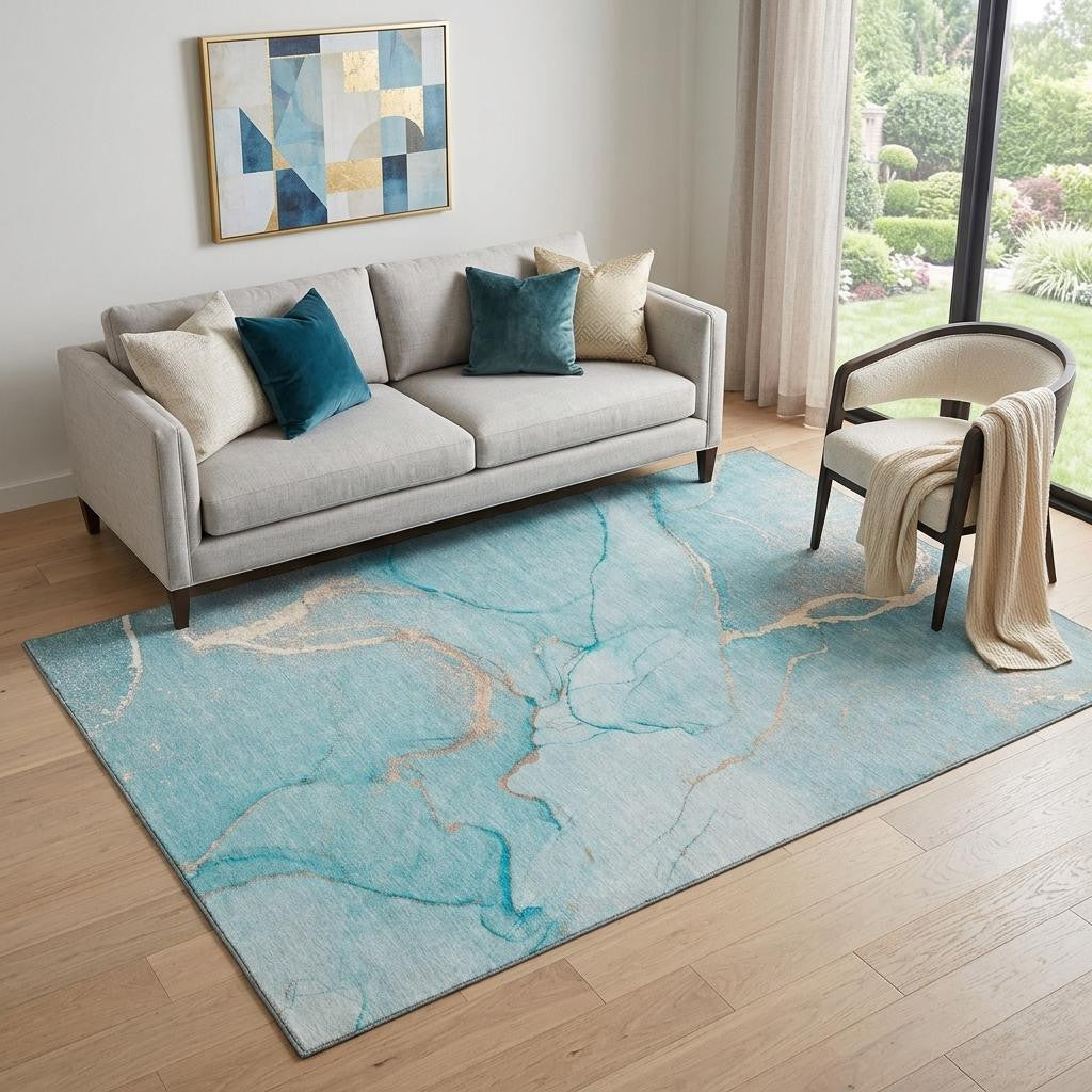 5 X 8 Teal And Ivory Abstract Washable Area Rug With UV Protection