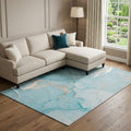8 X 10 Teal And Ivory Abstract Washable Area Rug With UV Protection