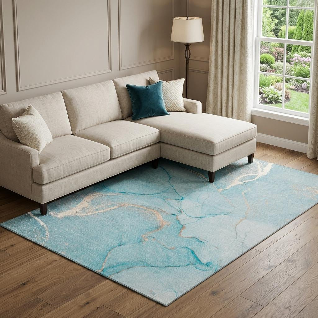 8 X 10 Teal And Ivory Abstract Washable Area Rug With UV Protection