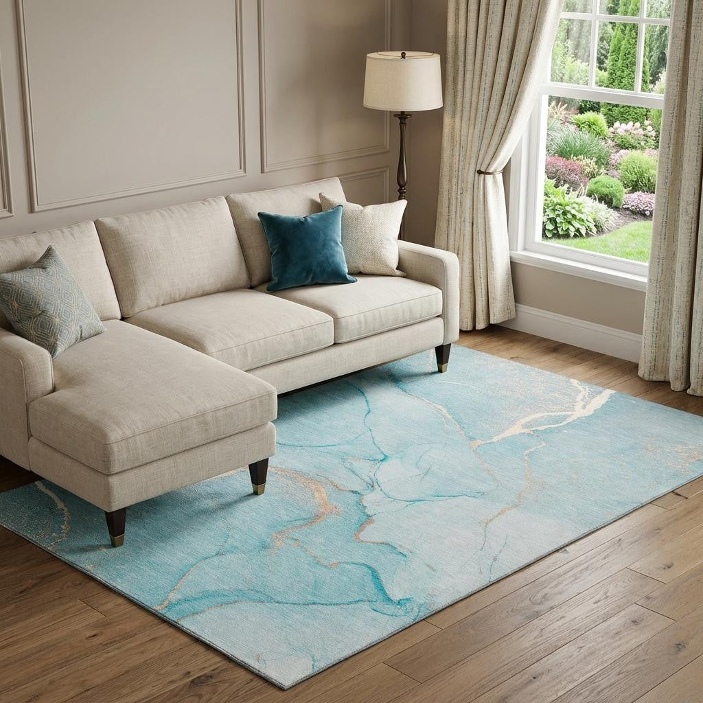 10 X 14 Teal And Ivory Abstract Washable Area Rug With UV Protection
