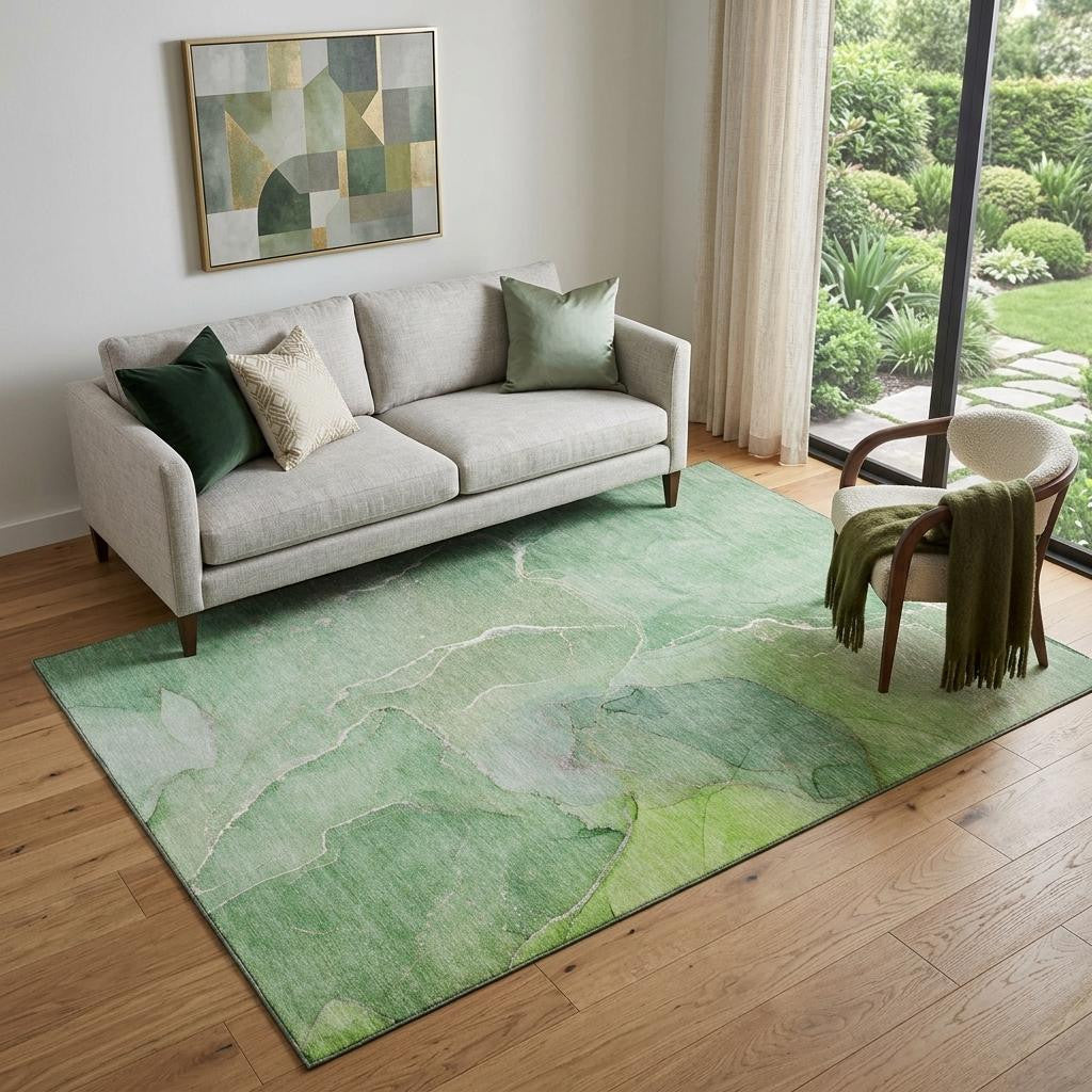 5 X 8 Green And Ivory Abstract Washable Area Rug With UV Protection