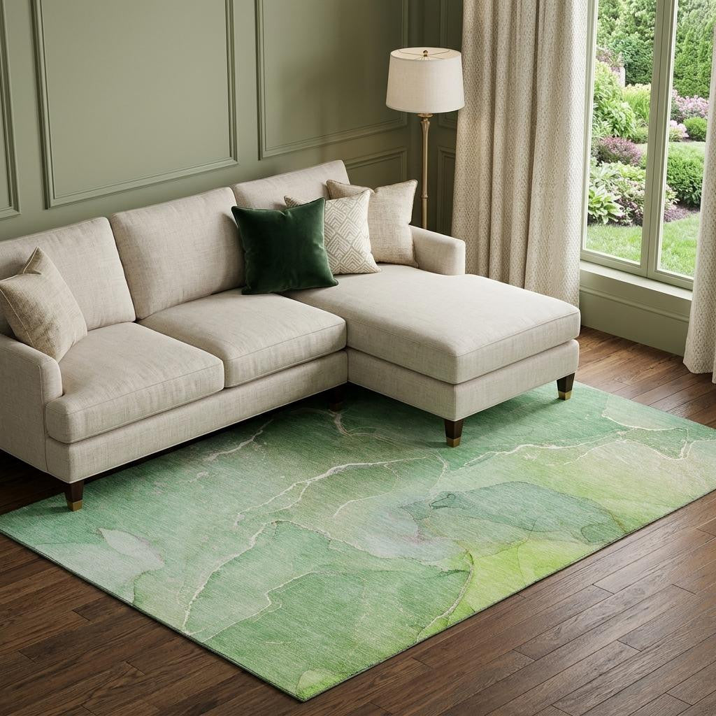 8 X 10 Green And Ivory Abstract Washable Area Rug With UV Protection