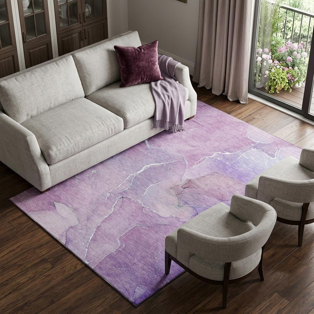 8 X 10 Purple And Ivory Abstract Washable Area Rug With UV Protection
