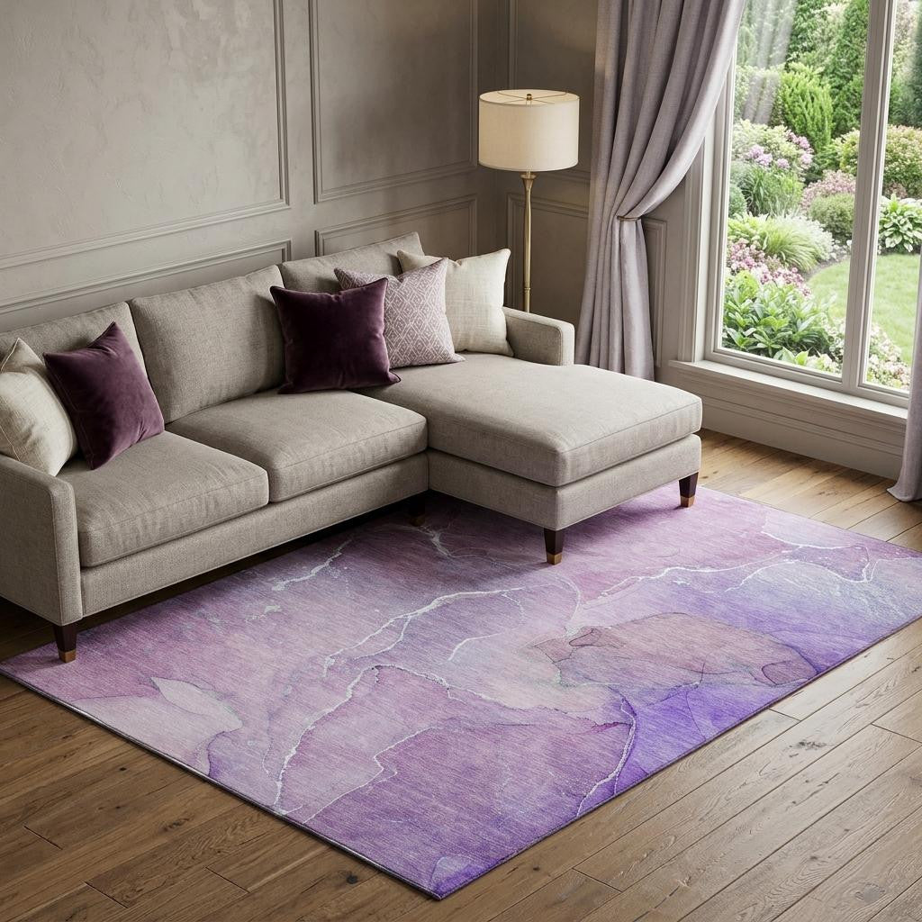 9 X 12 Purple And Ivory Abstract Washable Area Rug With UV Protection