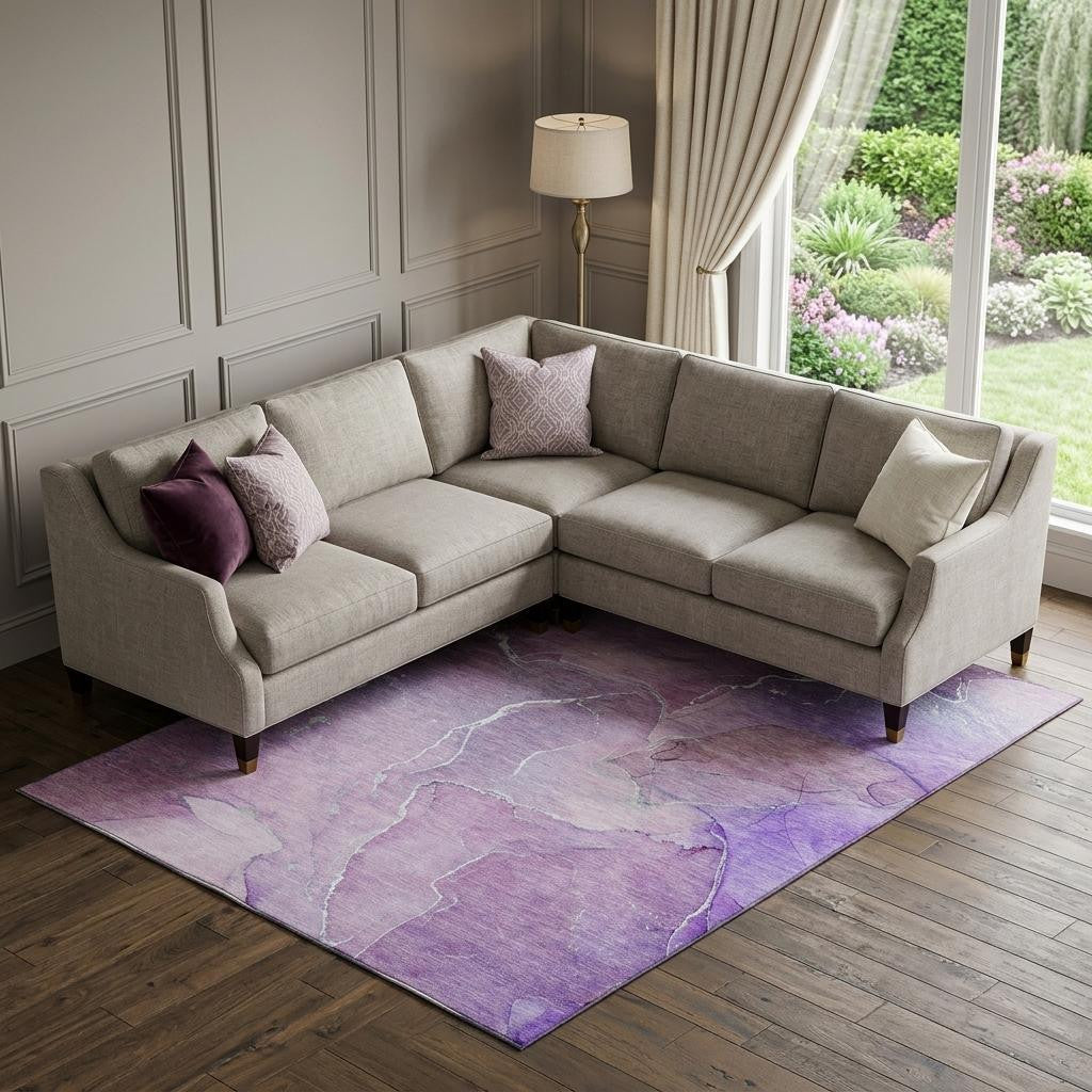 10 X 14 Purple And Ivory Abstract Washable Area Rug With UV Protection
