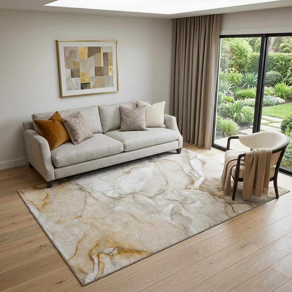 5 X 8 Brown And Ivory Abstract Washable Area Rug With UV Protection
