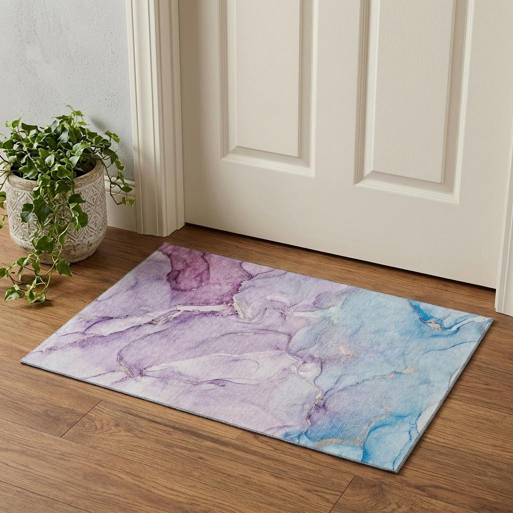3 X 5 Purple Blue And Ivory Abstract Washable Area Rug With UV Protection