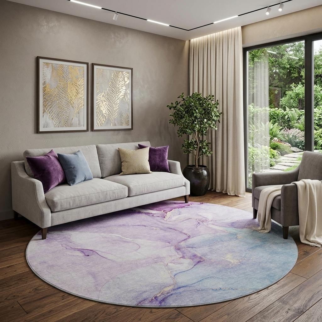 8 Purple Blue And Ivory Abstract Washable Round Rug With UV Protection
