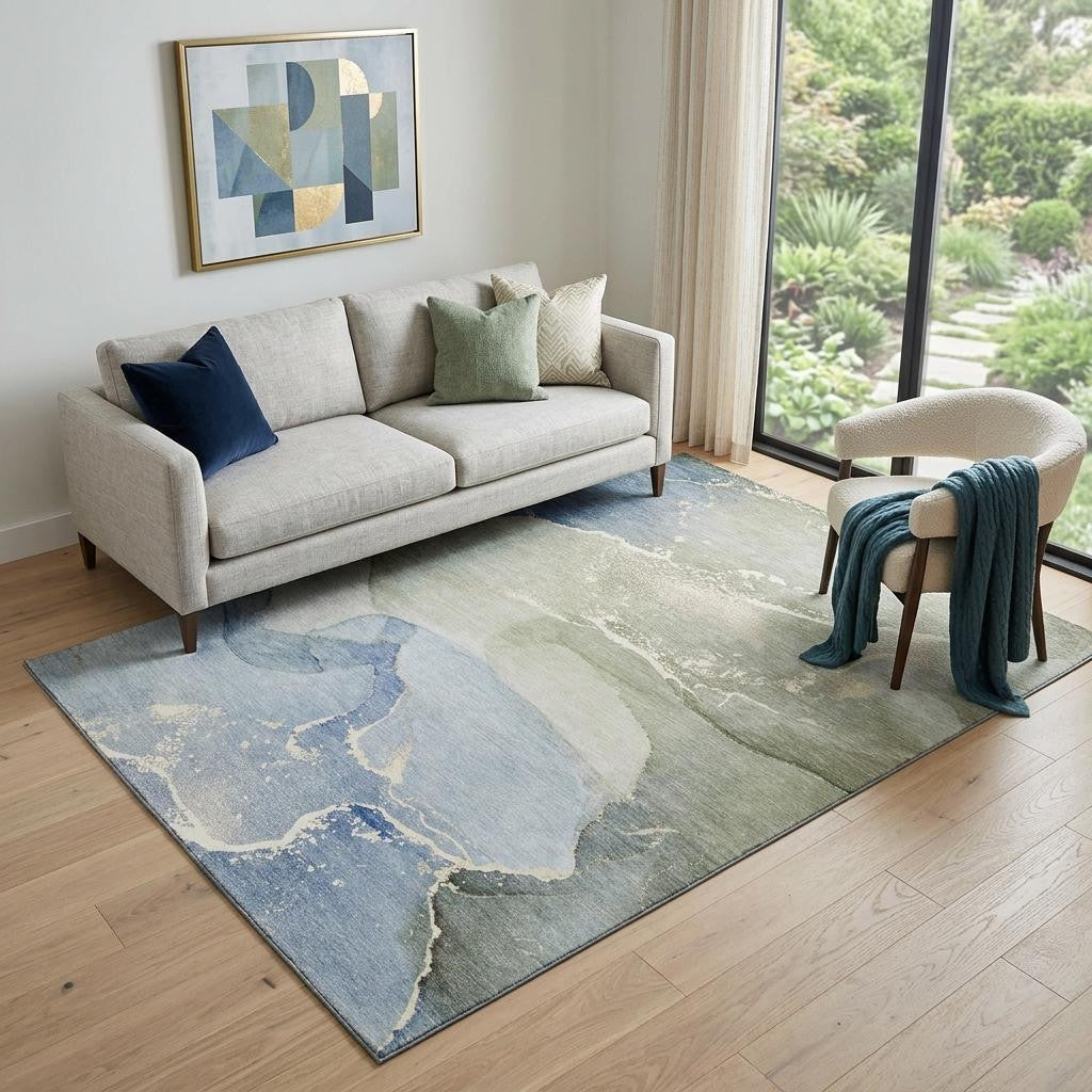5 X 8 Blue Gray And Ivory Abstract Washable Area Rug With UV Protection