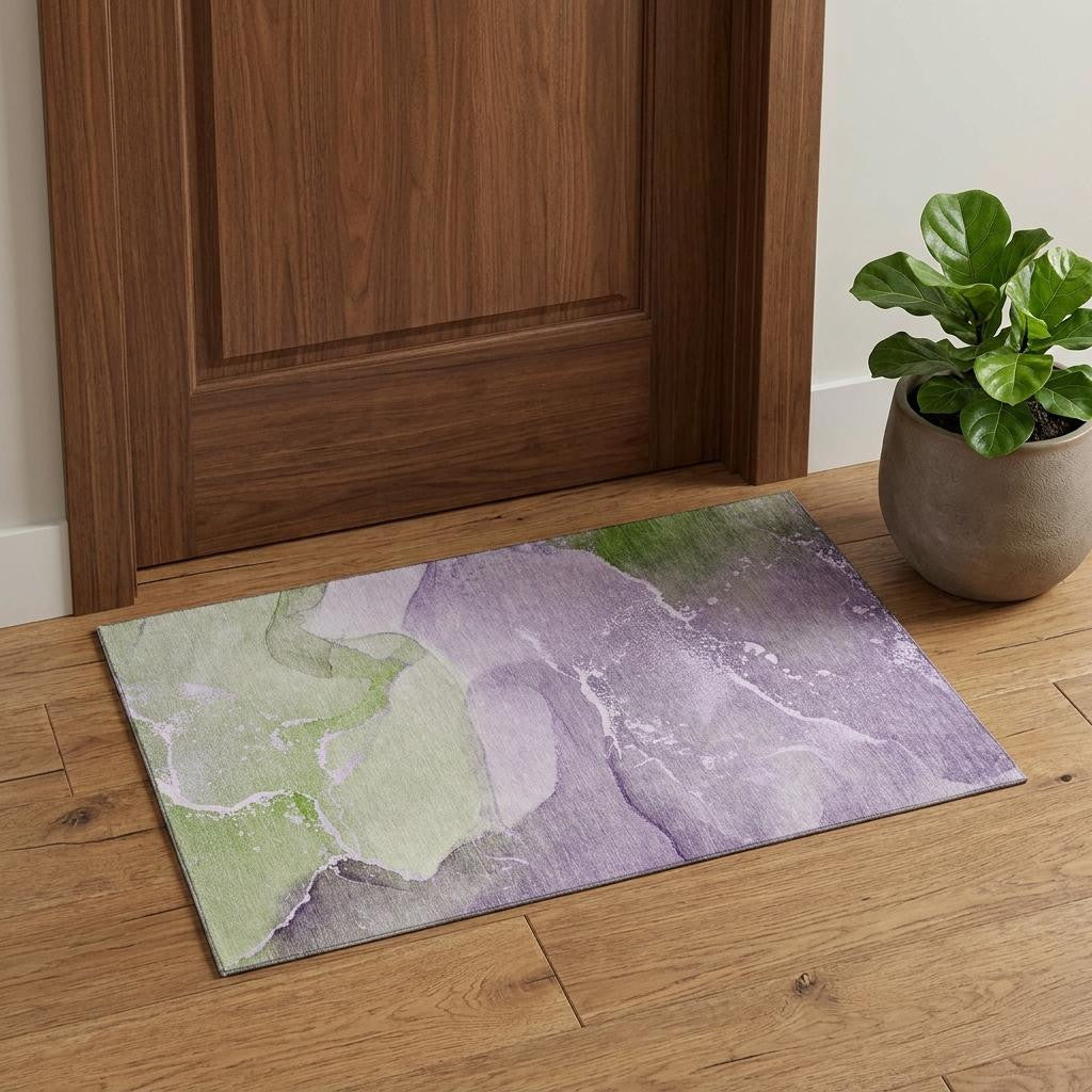 3 X 5 Purple Green And Ivory Abstract Washable Area Rug With UV Protection