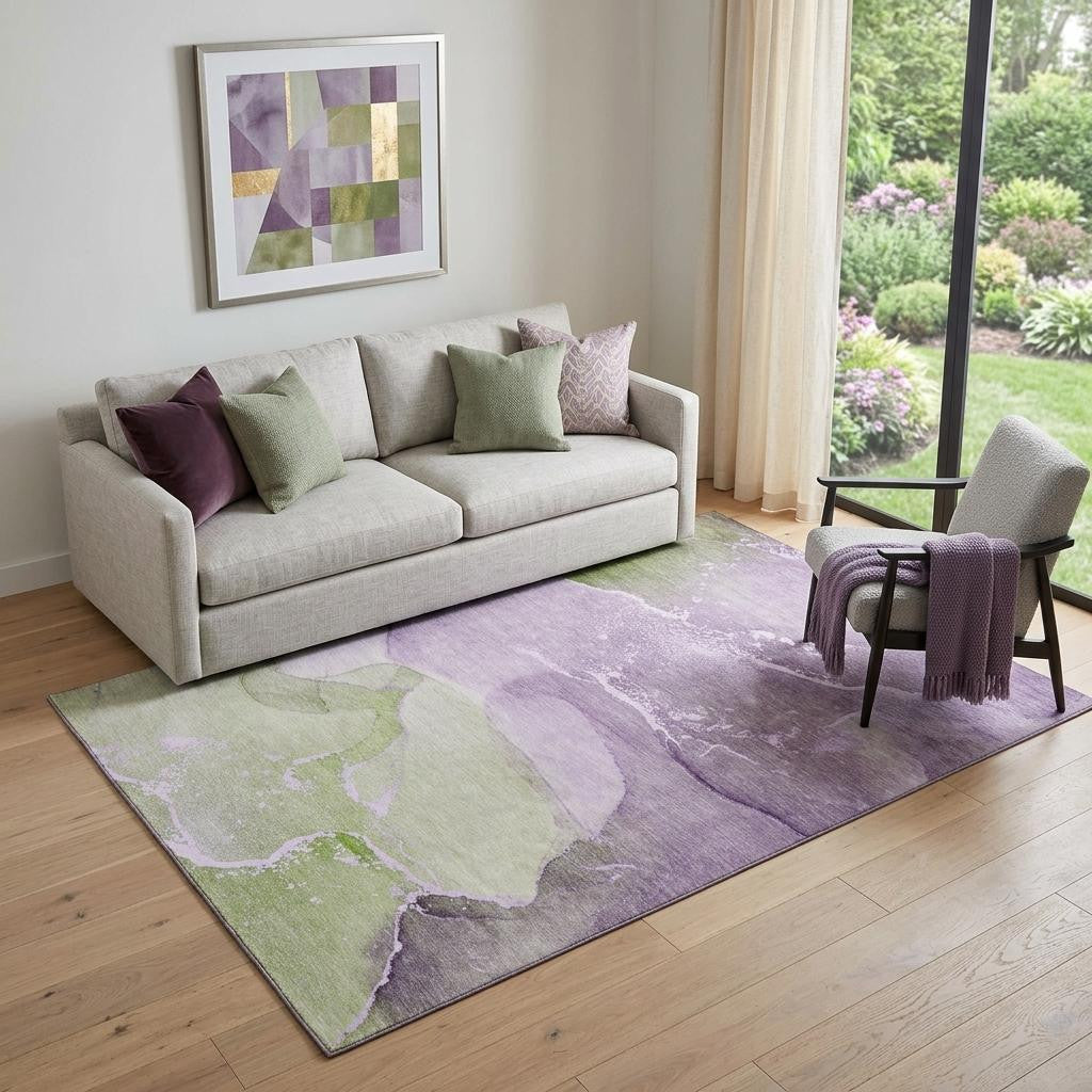 5 X 8 Purple Green And Ivory Abstract Washable Area Rug With UV Protection