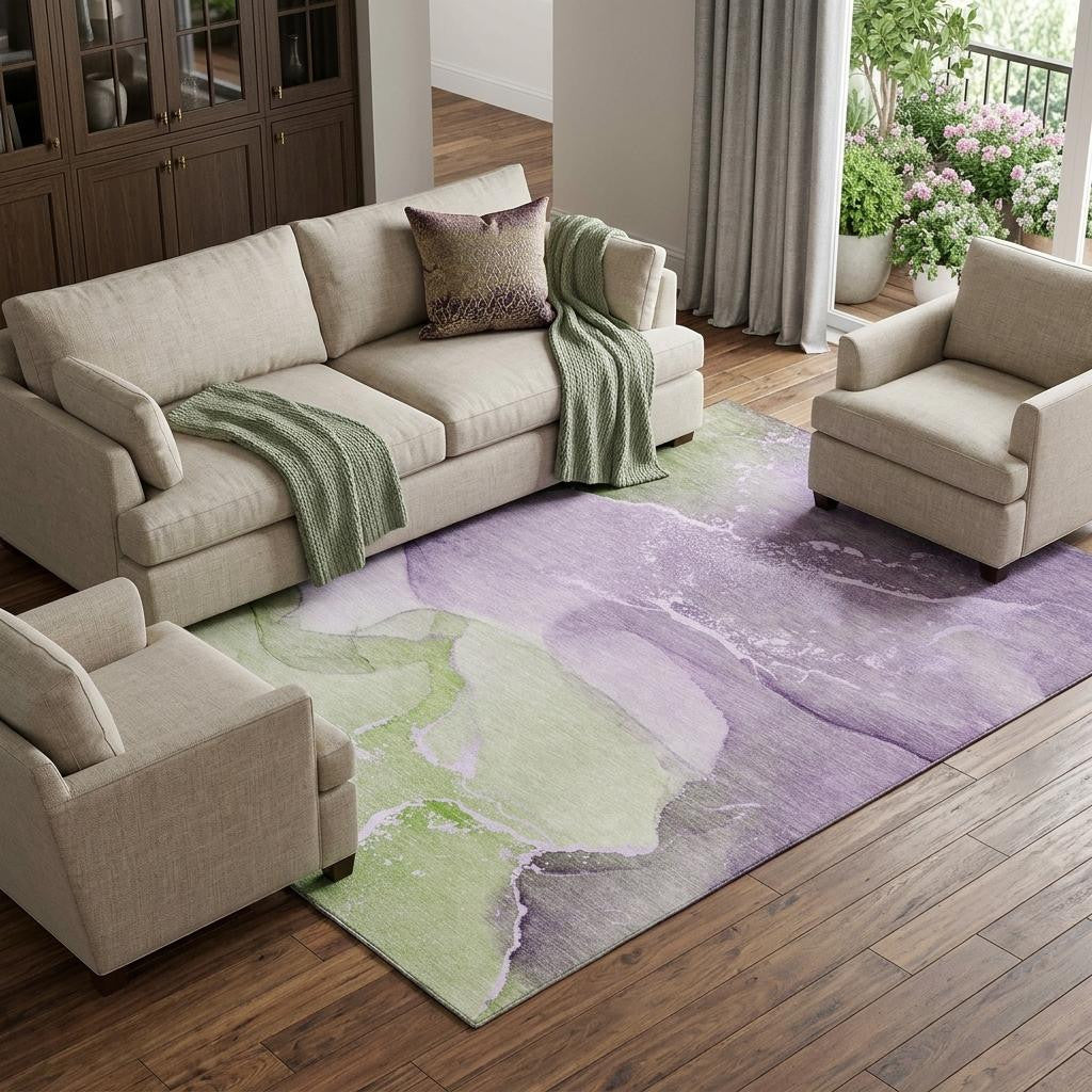 8 X 10 Purple Green And Ivory Abstract Washable Area Rug With UV Protection