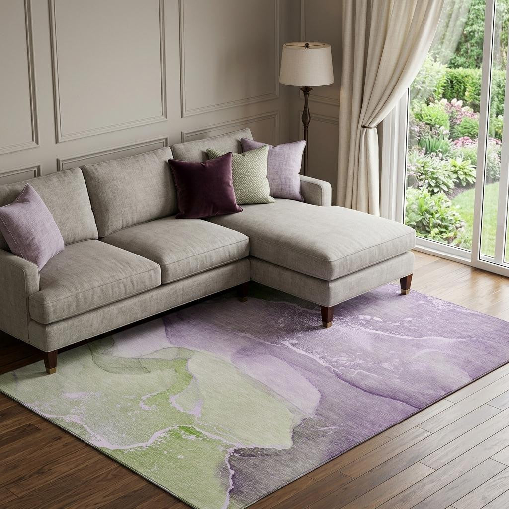 9 X 12 Purple Green And Ivory Abstract Washable Area Rug With UV Protection