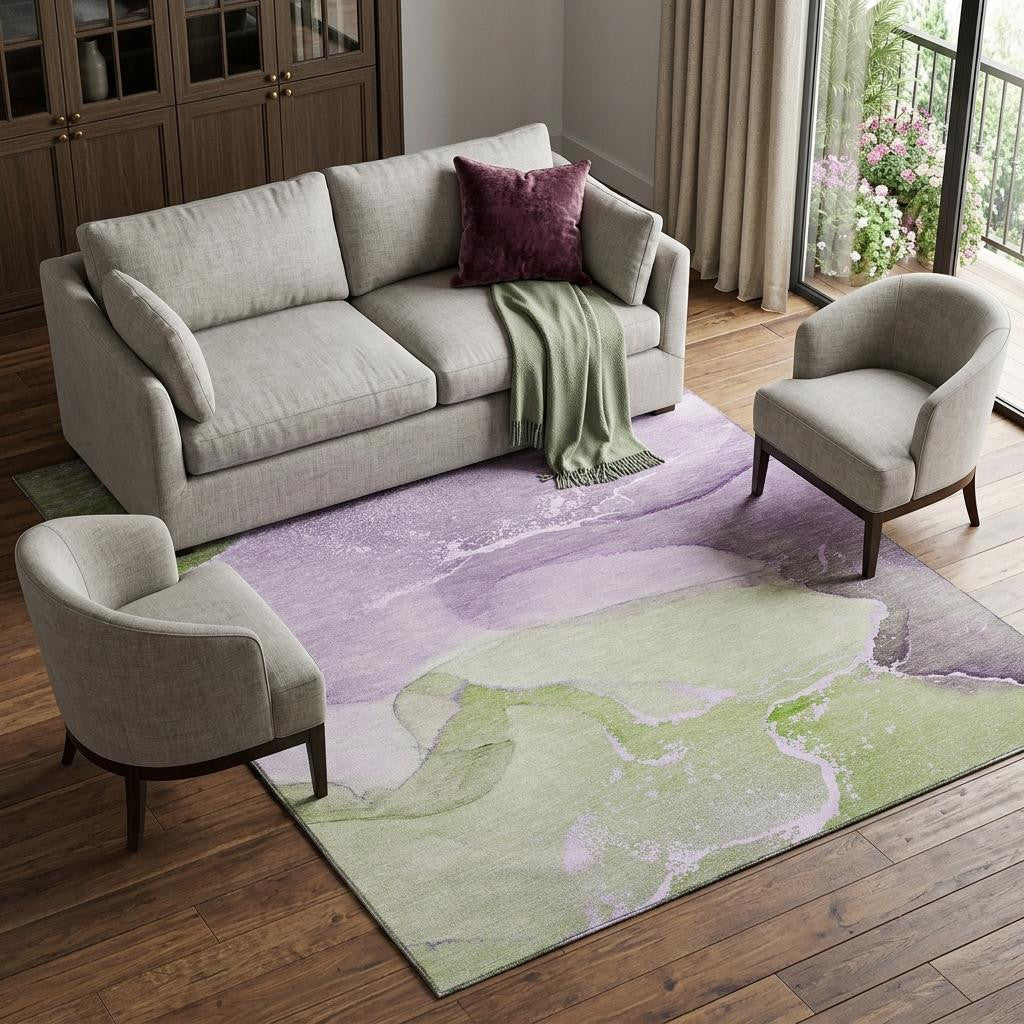 10 X 14 Purple Green And Ivory Abstract Washable Area Rug With UV Protection