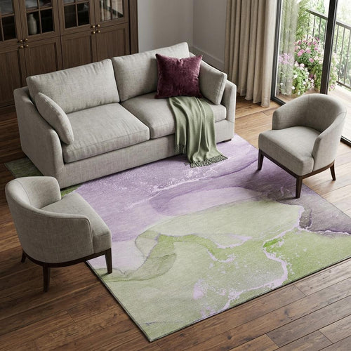 10 X 14 Purple Green And Ivory Abstract Washable Area Rug With UV Protection